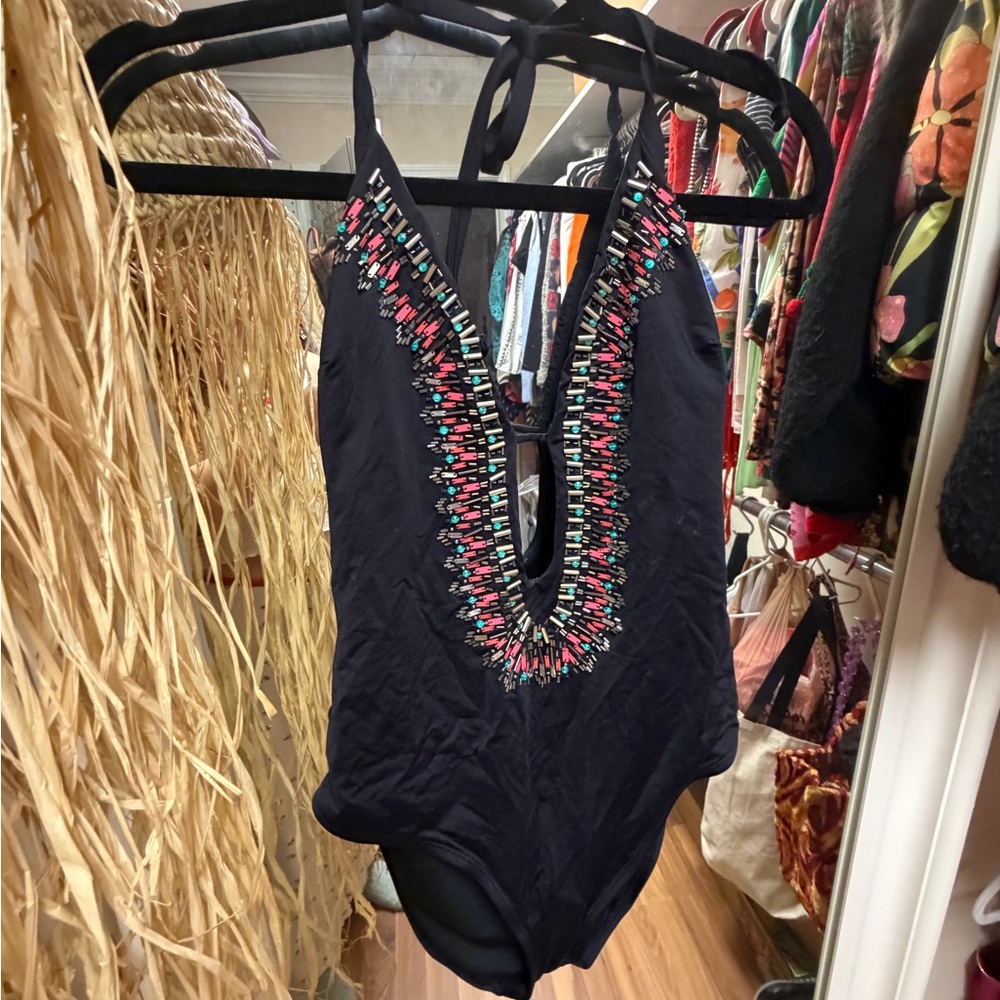 Kenneth Cole Black One Piece with Colorful Embroidery